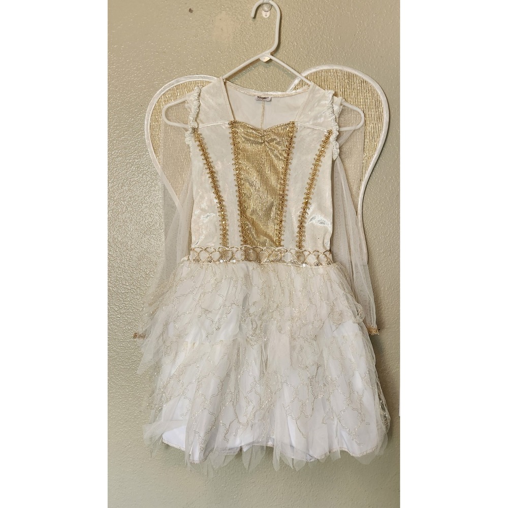 Spirit Halloween Girls Angel Costume White Gold Tulle Wings and Dress Size Large